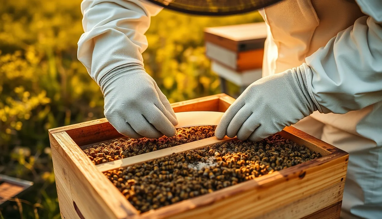 Beekeeper placing an Apivar amitraz strip between brood frames in a wooden hive box