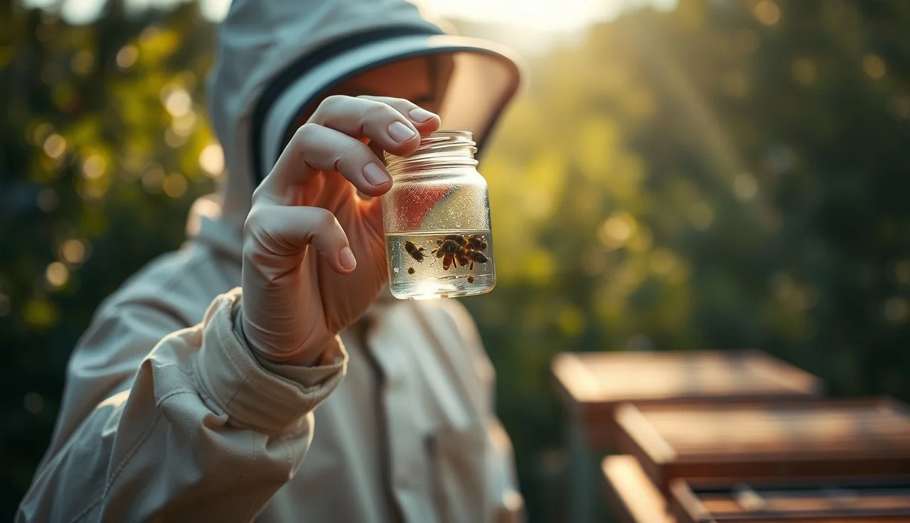 Beekeeper counting varroa mites in an alcohol wash jar at an outdoor apiary