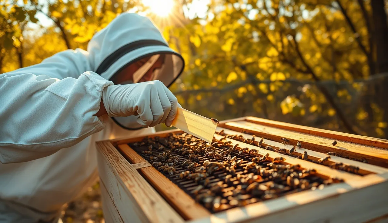 Beekeeper installing an Apivar strip between brood frames in an open hive on an autumn day