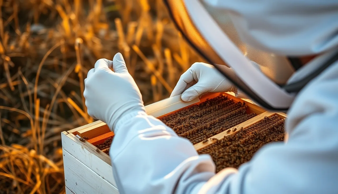 Beekeeper placing an Apivar amitraz treatment strip between brood frames in a wooden hive