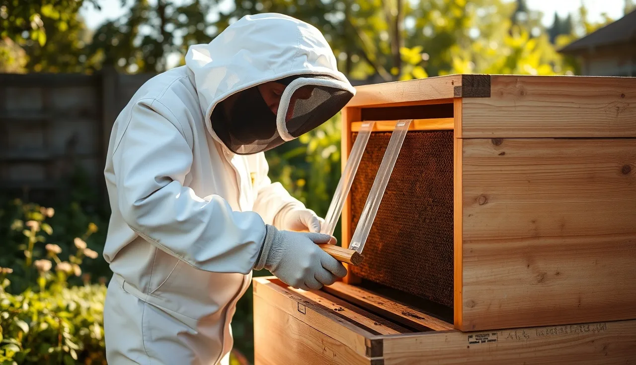 Beekeeper inspecting a hive frame with Apivar treatment strips hanging between combs