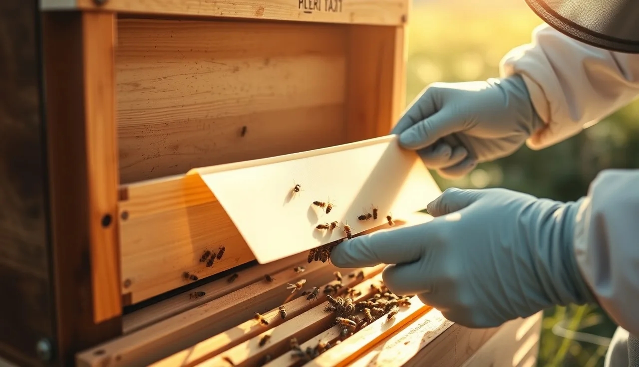 Beekeeper placing an Apivar amitraz strip between frames in a Langstroth hive