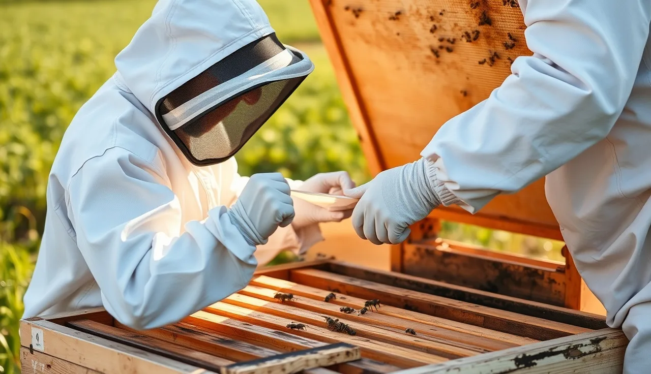 Beekeeper in white suit placing an Apivar amitraz strip between hive frames