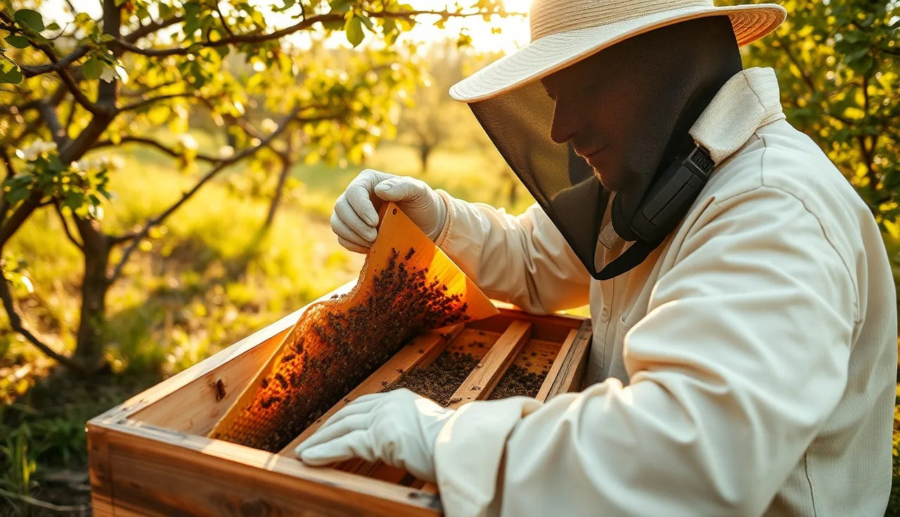 Beekeeper inserting Apivar treatment strips between frames in an open beehive