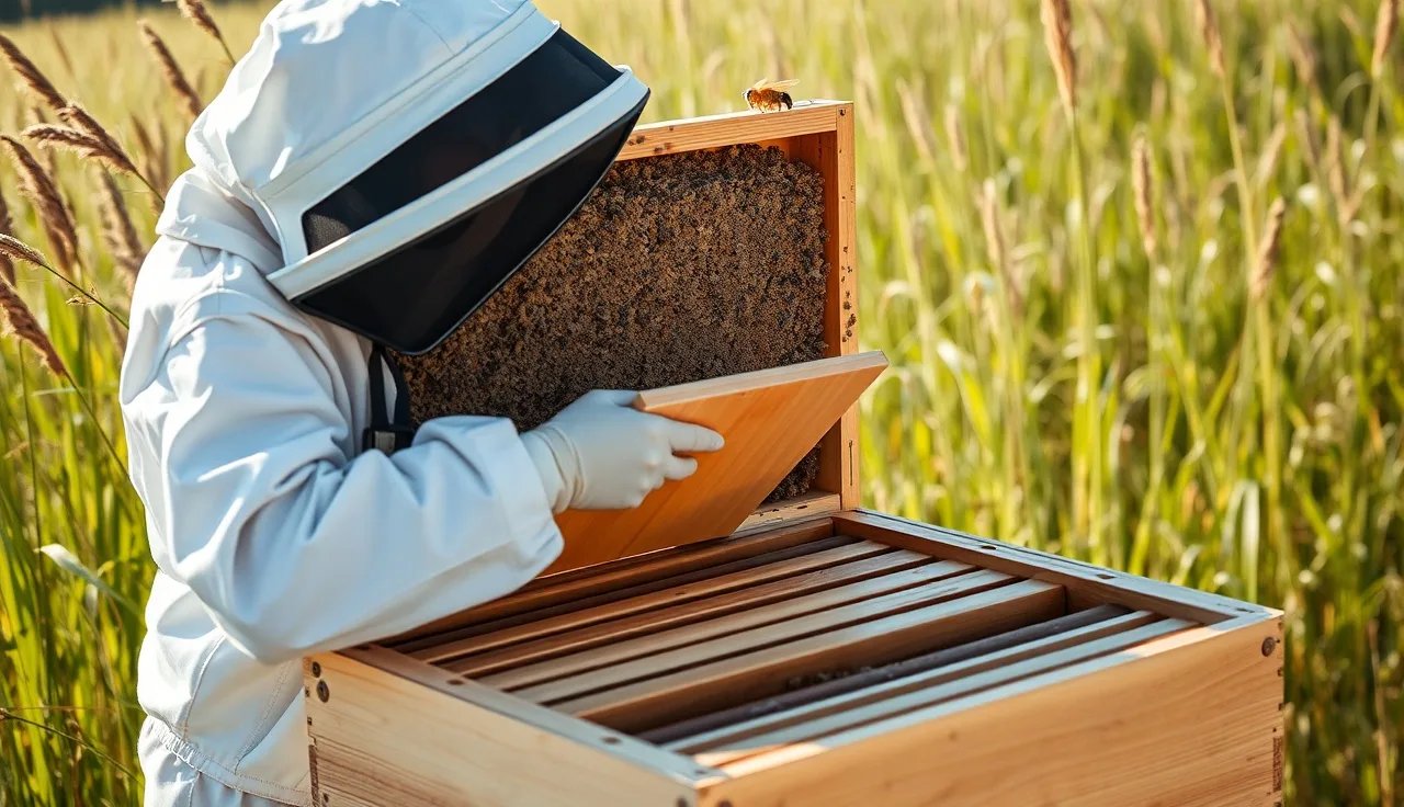 Beekeeper placing Apivar strips between frames in an open Langstroth hive