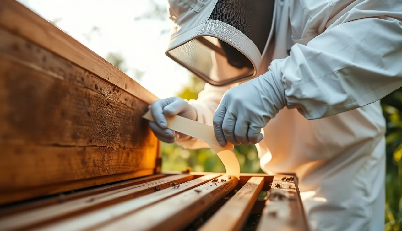 Beekeeper inserting an Apivar strip into a Langstroth hive frame during varroa treatment