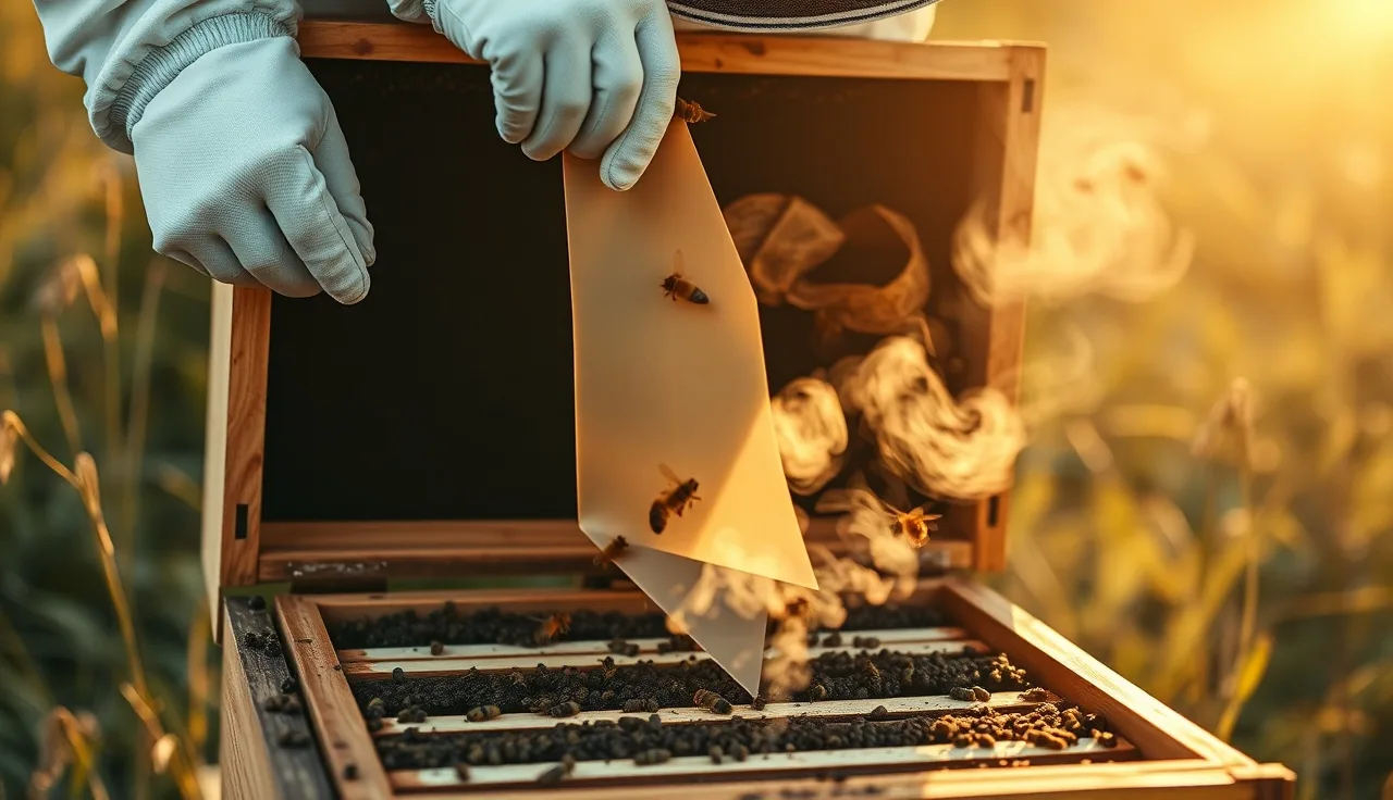 Beekeeper in white suit inserting a varroa treatment strip into an open hive box