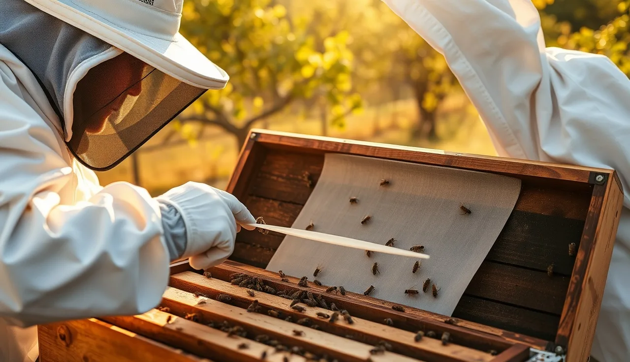 Beekeeper in gloves placing Apivar treatment strips between brood frames in open hive