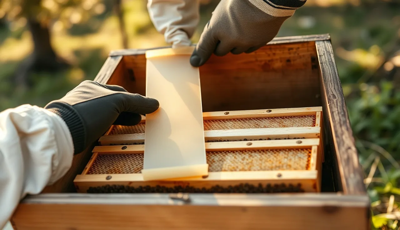 Gloved hands inserting Apivar treatment strips between frames in an open beehive