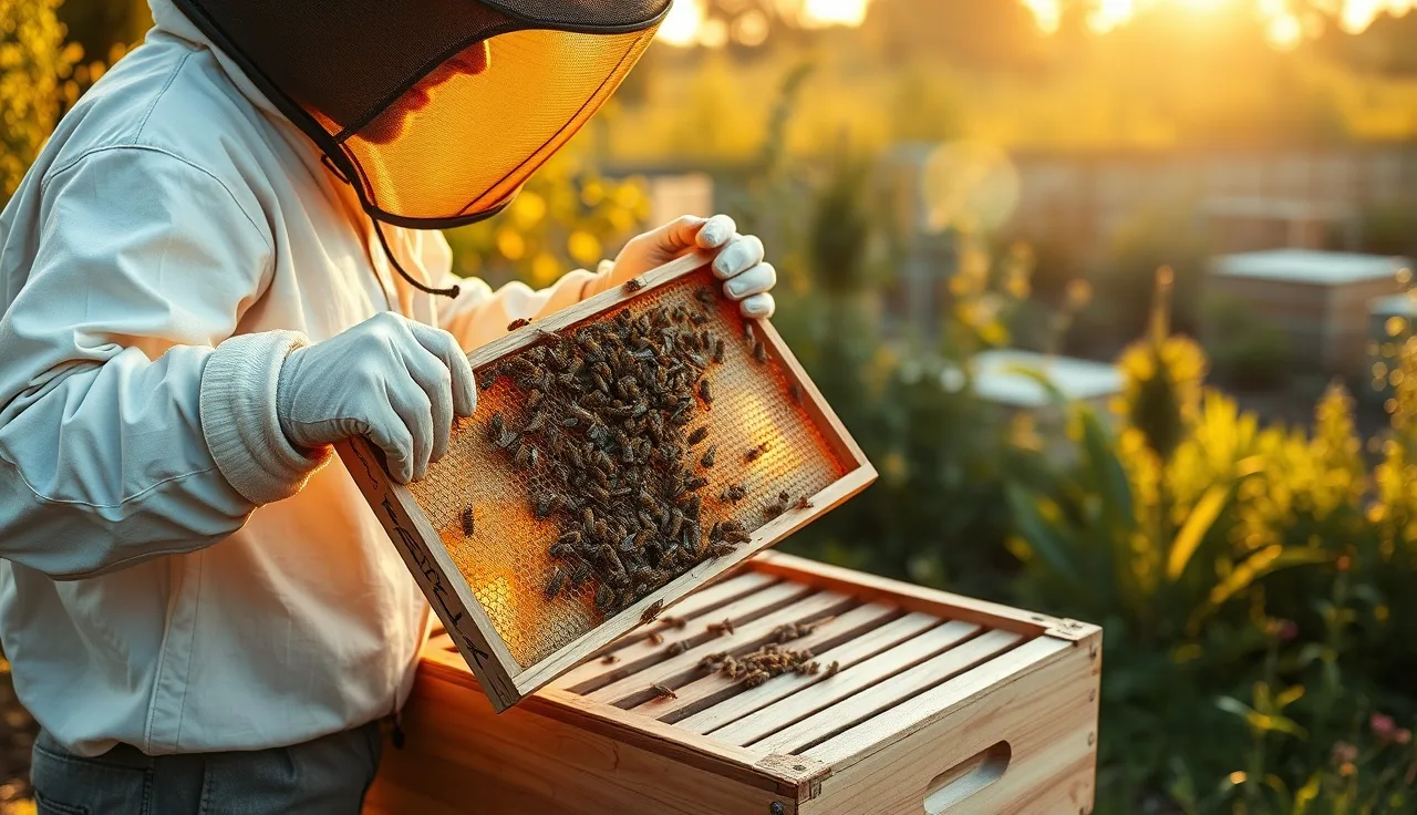 Beekeeper inspecting varroa treatment strips hanging between frames in a Langstroth hive