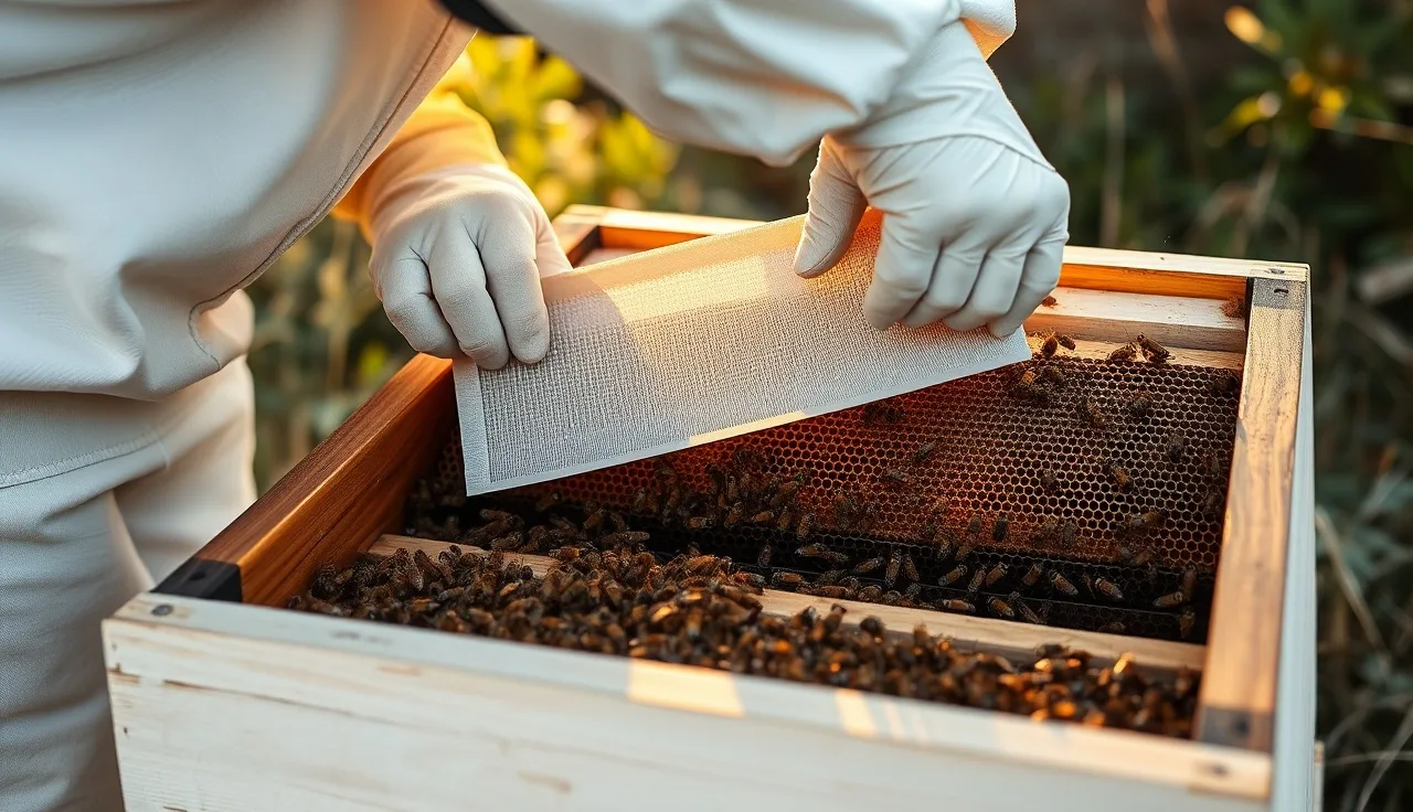 Beekeeper hanging an Apivar treatment strip between frames in a Langstroth hive