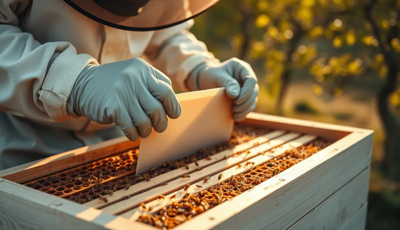 Beekeeper with nitrile gloves inserting varroa treatment strip between hive frames