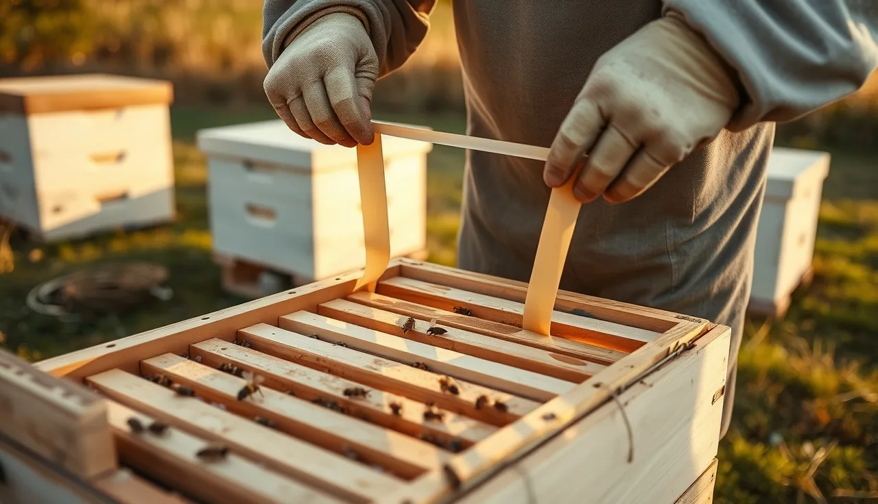 Beekeeper inserting Apivar treatment strips between frames in an open hive