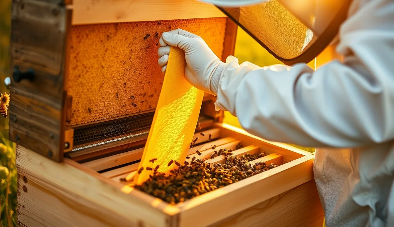 Beekeeper holding an Apivar strip over open hive frames covered in bees