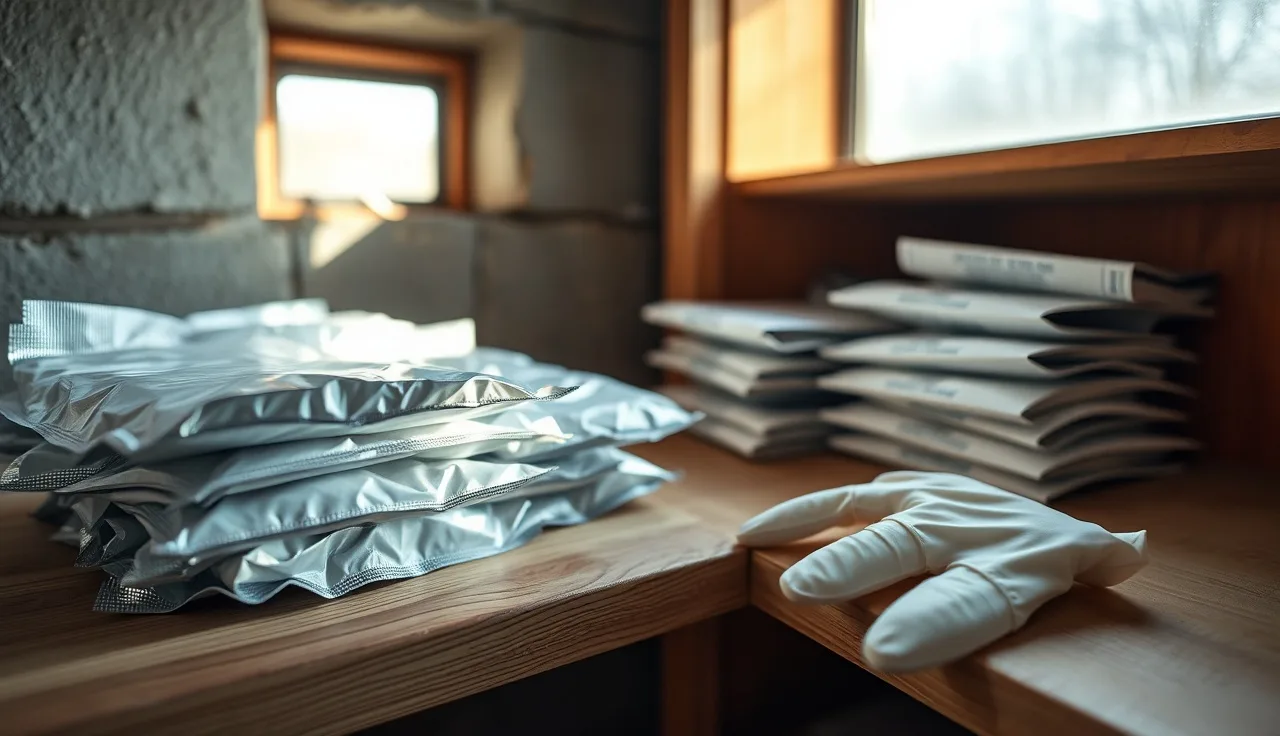 Sealed apivar storage pouches on a wooden basement shelf with nitrile gloves