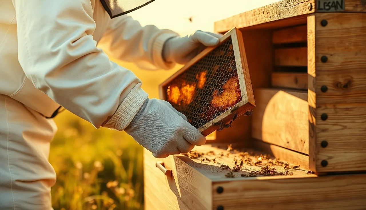 Beekeeper inserting varroa treatment strips into a Langstroth hive on a warm day