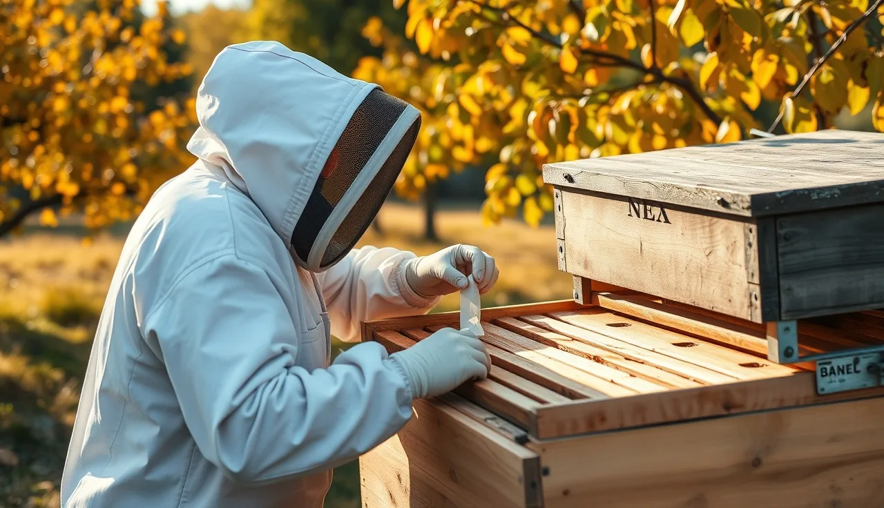 Beekeeper placing an Apivar treatment strip into a Langstroth hive on a cool autumn day