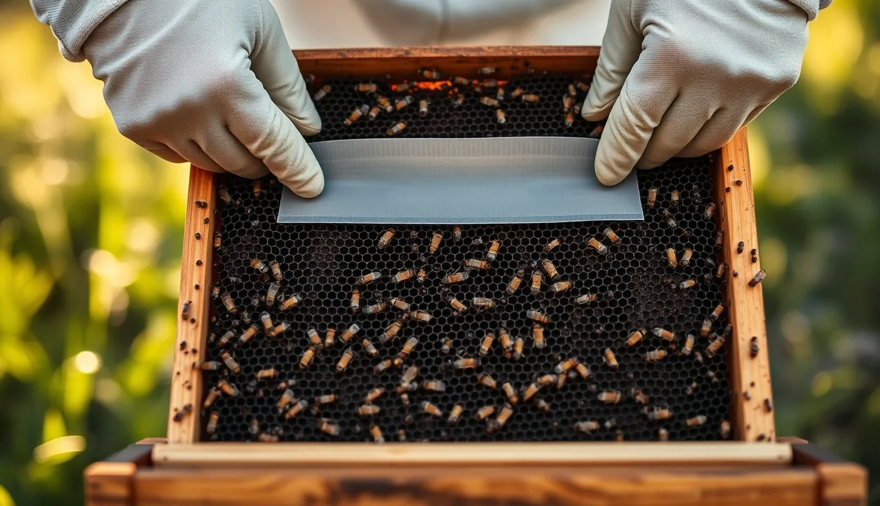 Gloved hands placing an Apivar strip between brood frames inside a hive
