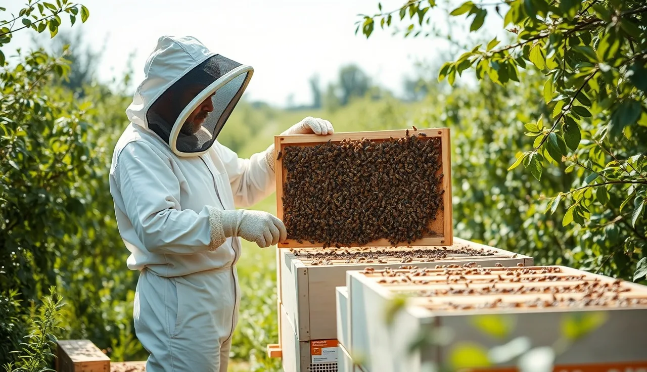 Beekeeper placing an Apivar varroa treatment strip between hive frames outdoors
