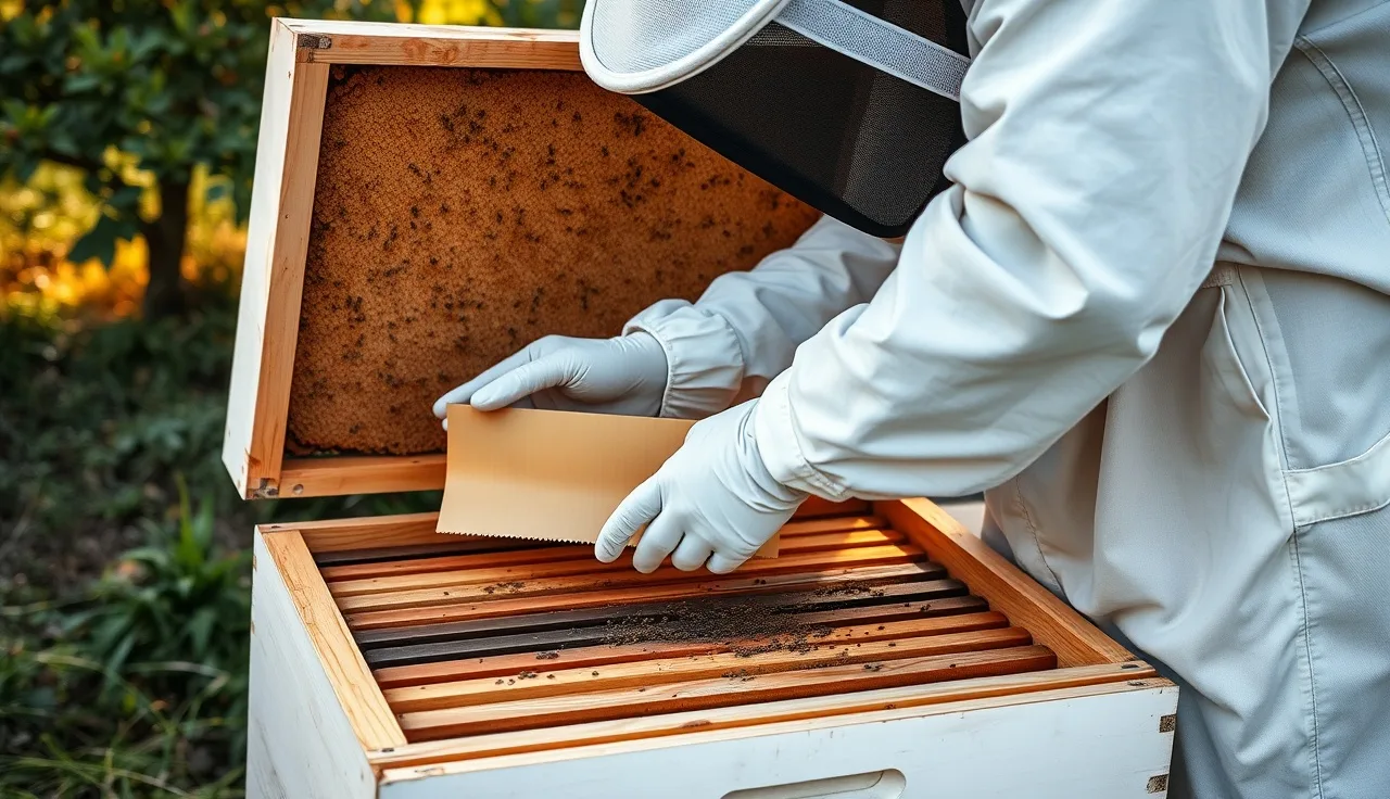 Beekeeper inserting an Apivar treatment strip between brood frames in an open hive
