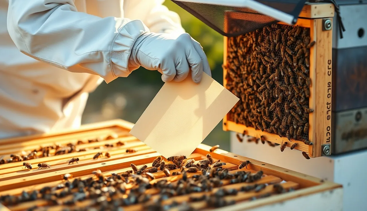 Beekeeper placing an Apivar amitraz strip between brood frames inside a Langstroth hive