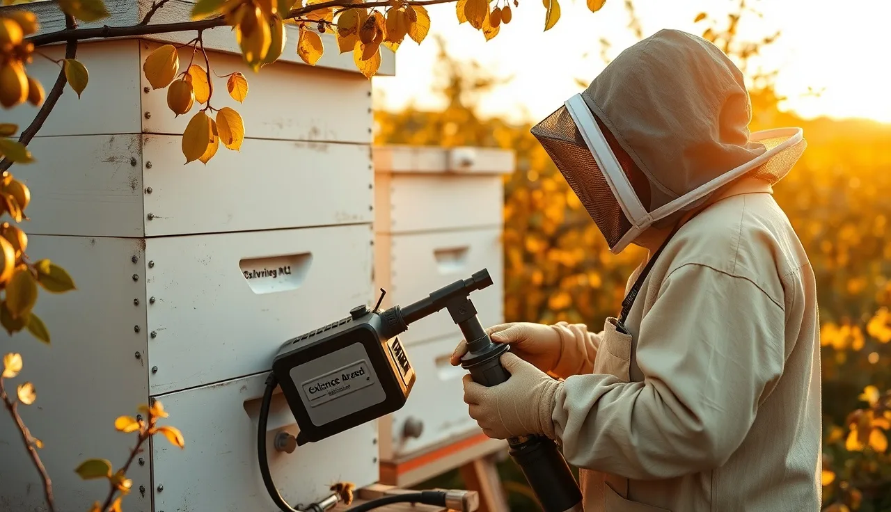Beekeeper applying oxalic acid vaporizer at hive entrance in autumn orchard