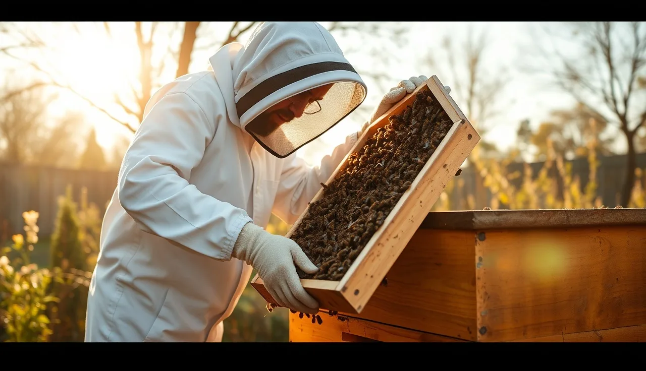 Beekeeper lifting a brood frame from a Langstroth hive during an artificial swarm split