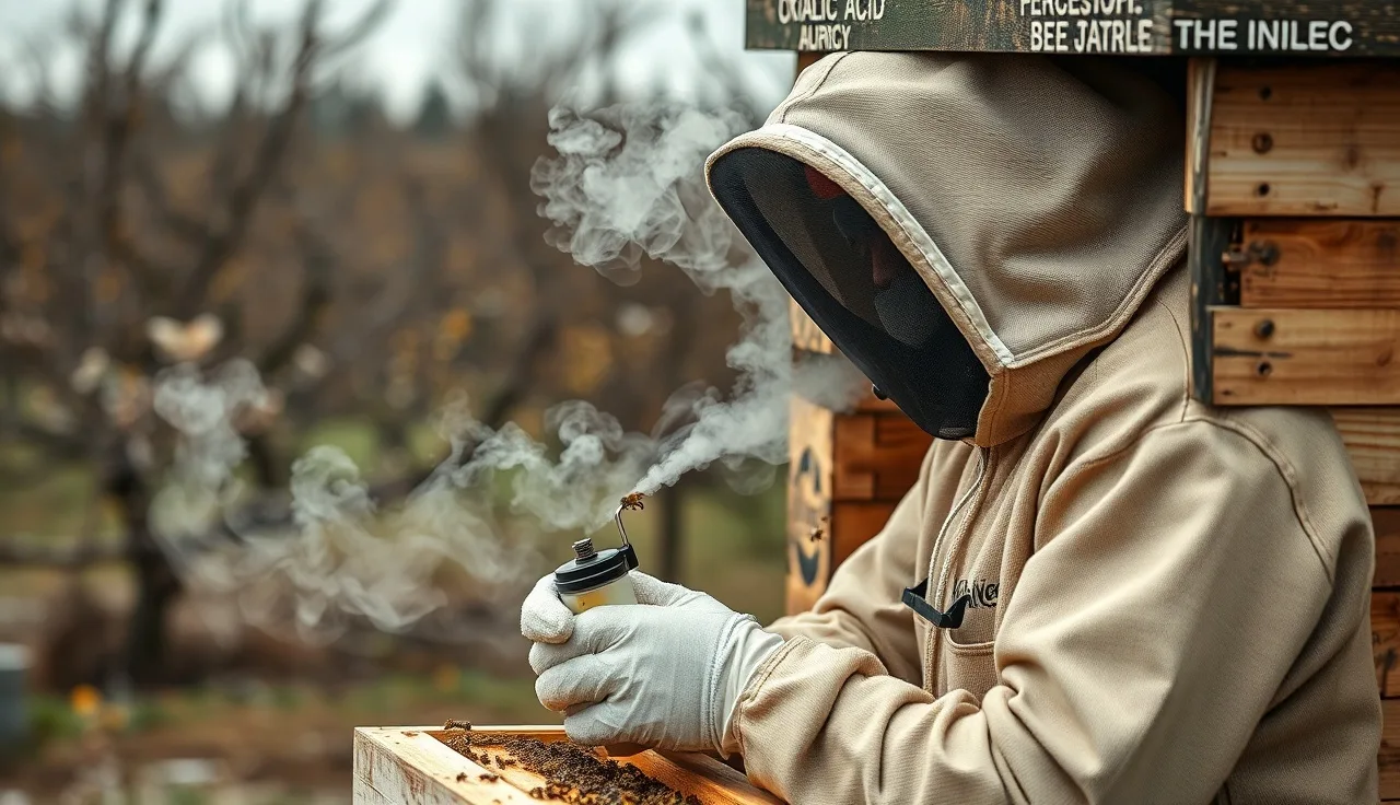 Beekeeper applying oxalic acid vaporizer to wooden hive entrance in early morning