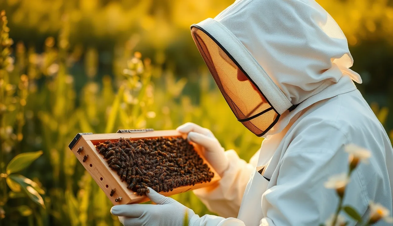Beekeeper inspecting brood frame during August varroa treatment window