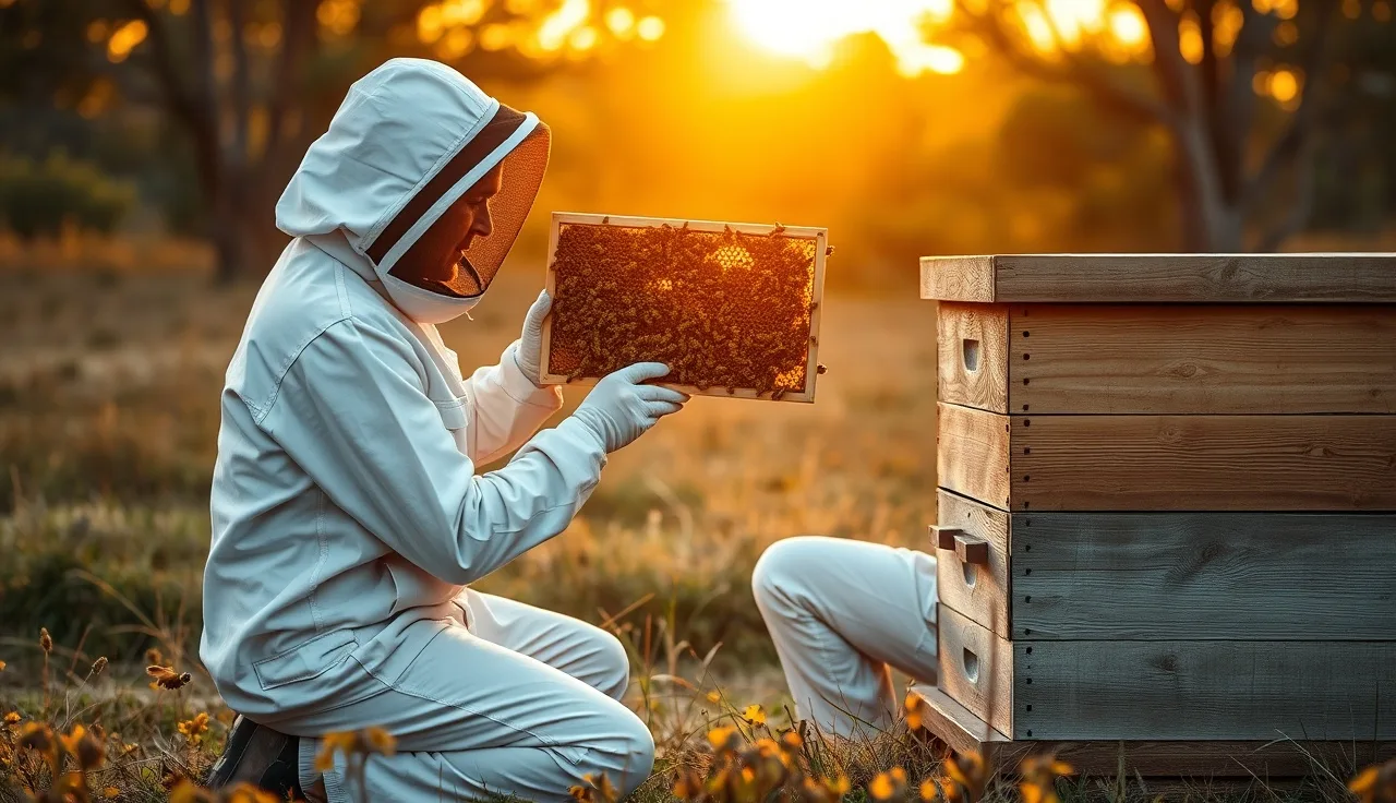 Australian beekeeper inspecting a honey bee frame for varroa mites at sunset