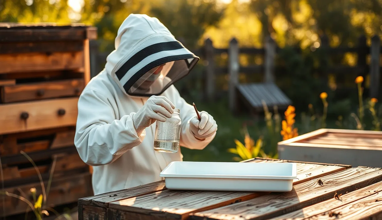 Beekeeper counting varroa mites with an alcohol wash at a hive in autumn