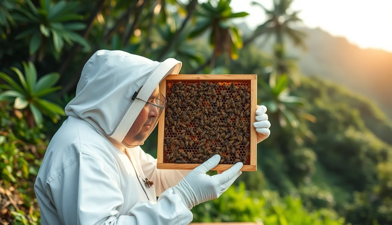 Beekeeper inspecting a honey bee frame for varroa mites on a Hawaiian hillside