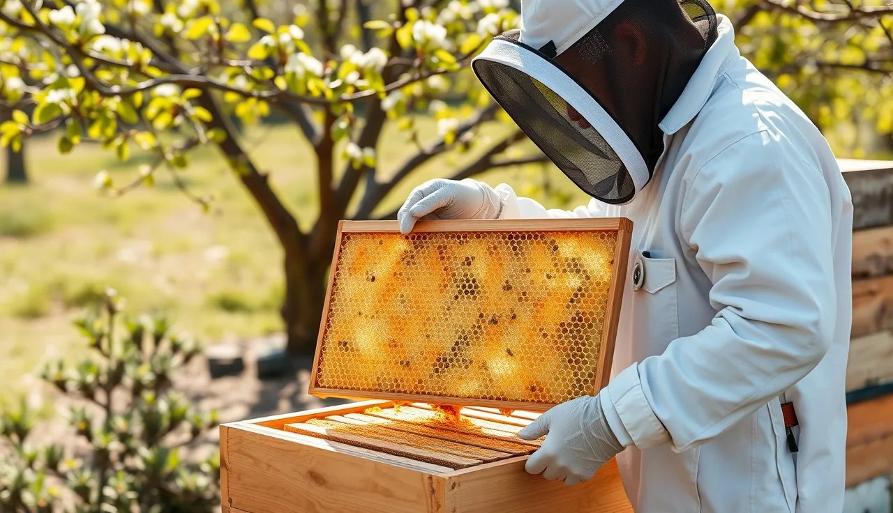 Beekeeper inspecting fresh pale comb frame during spring Bailey comb change procedure
