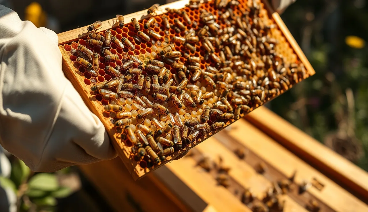 Beekeeper inspecting brood frame showing bald brood cells with missing wax cappings