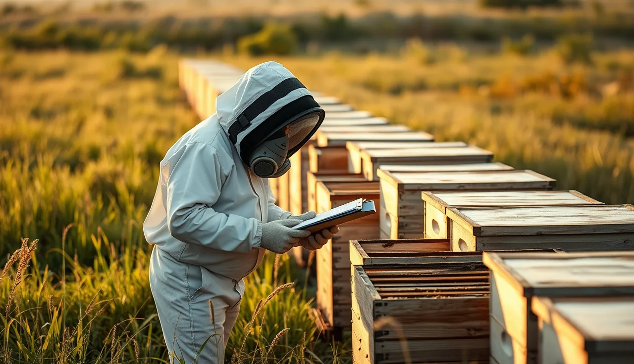Beekeeper in full PPE treating a row of hives during a morning batch treatment session