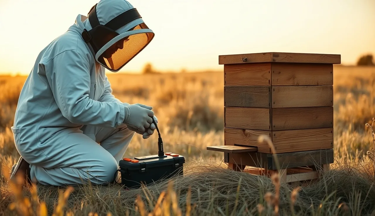 Beekeeper connecting battery-powered OA vaporizer to a remote apiary hive at dawn