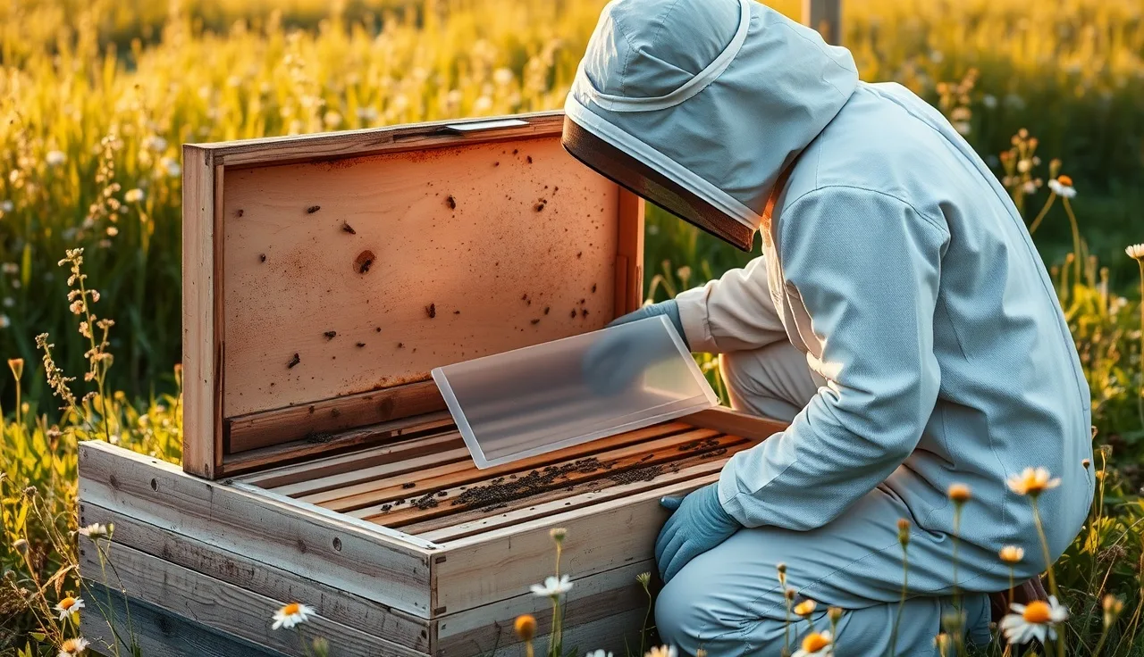 Beekeeper holding a varroa treatment strip over an open brood frame in a meadow