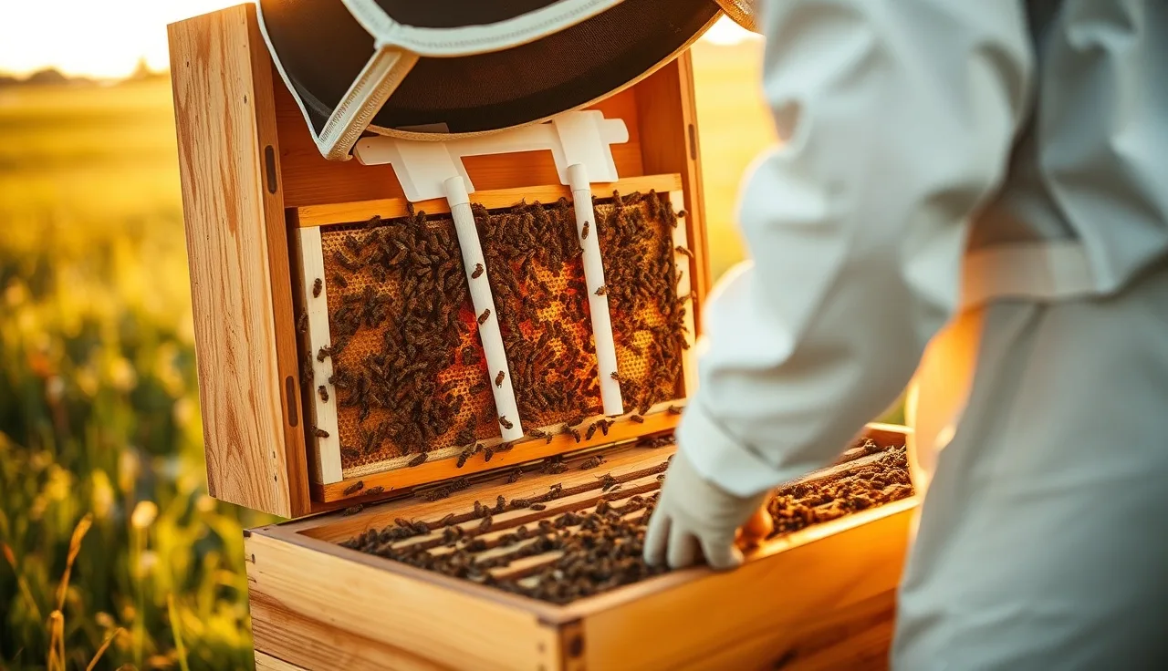 Beekeeper examining brood frames with varroa treatment strips hanging between them