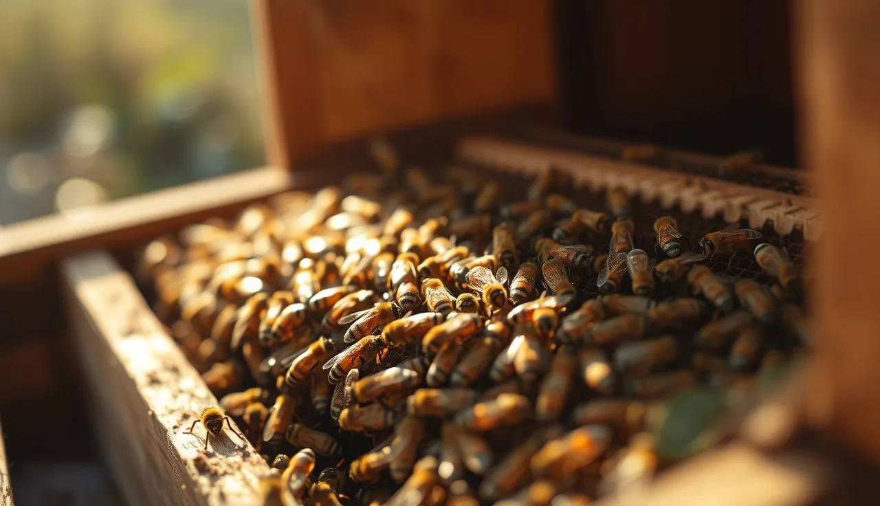 Honey bees on brood comb in an open hive box, research context for varroa mite treatment