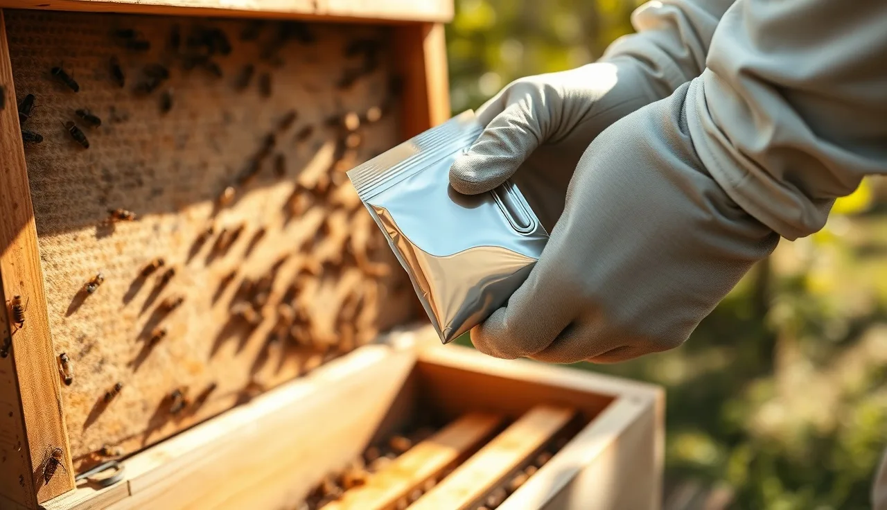 Beekeeper examining oxalic acid treatment pouch beside an open hive