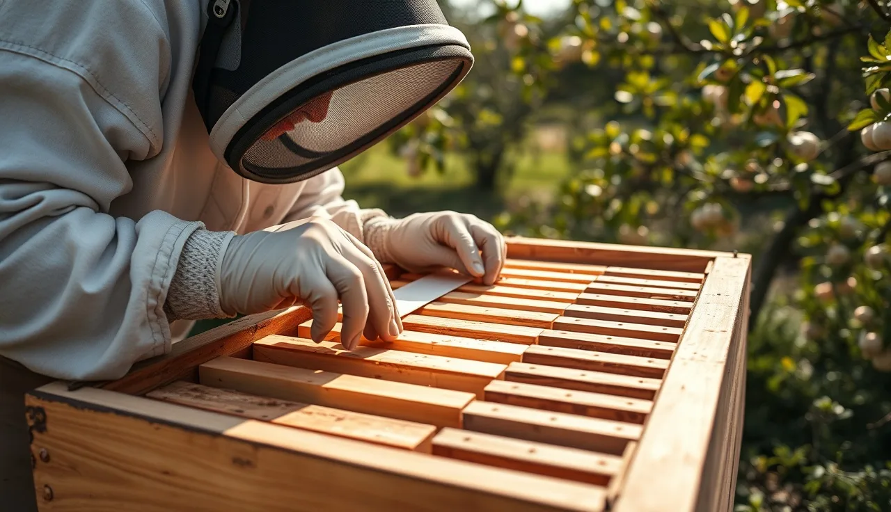 Beekeeper placing formic acid treatment strips across hive frames inside a Langstroth bee hive