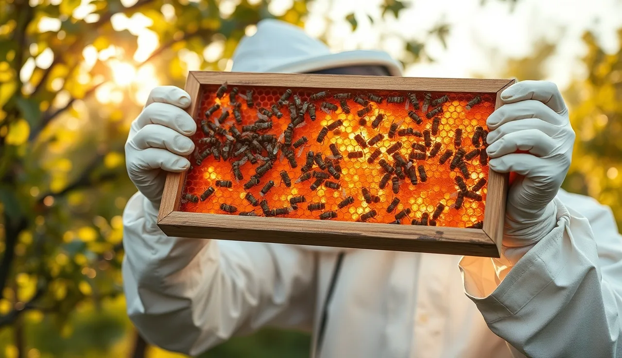 Beekeeper examining brood frame for varroa mite signs in an orchard