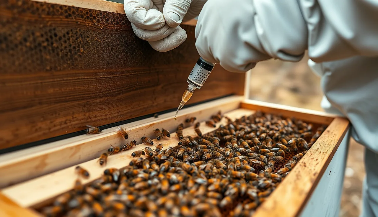 Beekeeper dribbling oxalic acid syrup into an open hive frame seam in winter