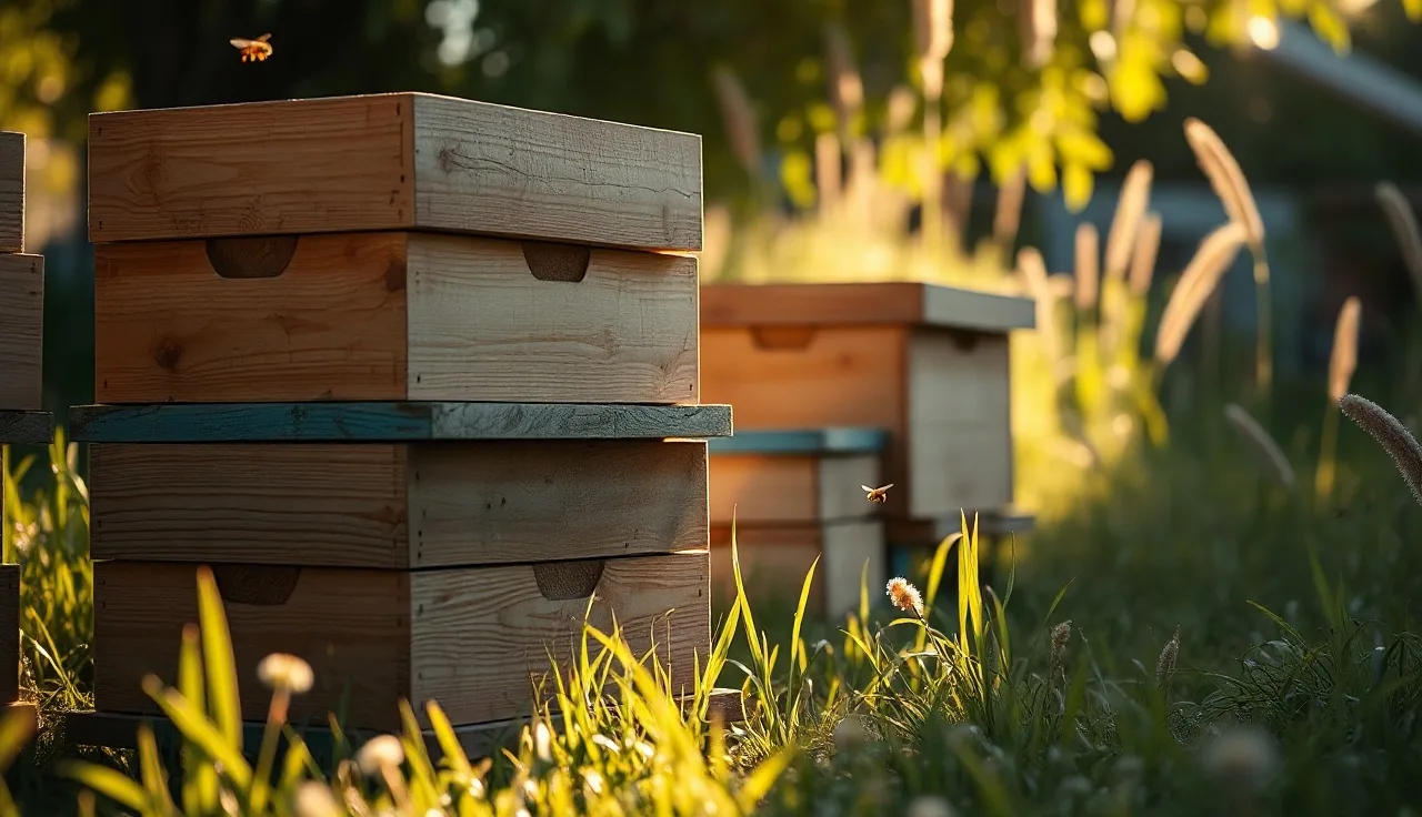 Stacked wooden Langstroth beehive boxes in a sunny backyard meadow at sunrise