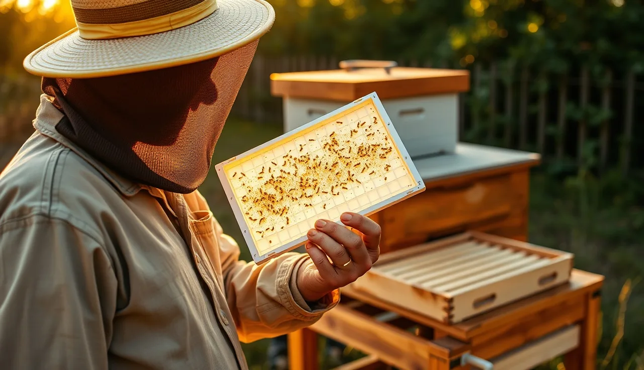 Beekeeper examining a white sticky mite count tray pulled from a screened bottom board