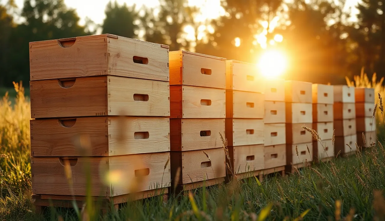 Stacked wooden Langstroth beehive boxes in a sunlit meadow with bees at the entrance