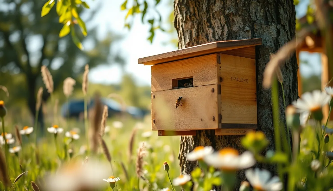 Wooden beehive on a tree trunk with bees flying near flowers, similar to Minecraft's design