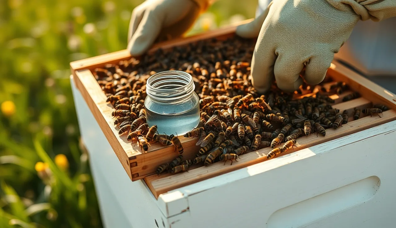 Beekeeper holding a brood frame while an alcohol wash jar sits on a hive for varroa mite testing