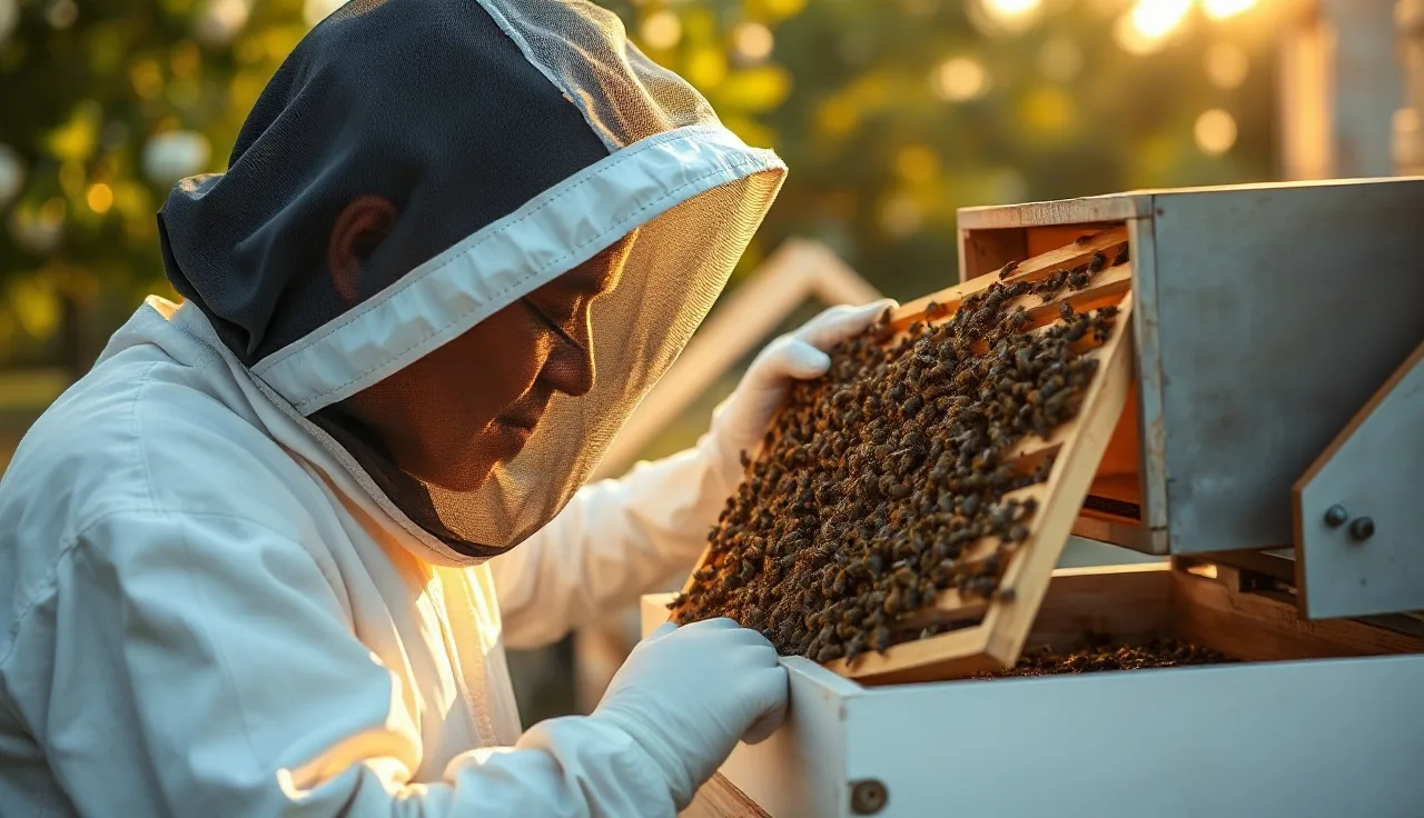 Beekeeper lifting a frame covered in bees from an open wooden hive
