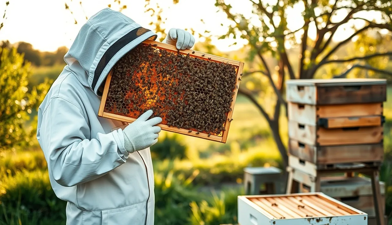 Beekeeper inspecting a brood frame covered in bees during a spring hive check